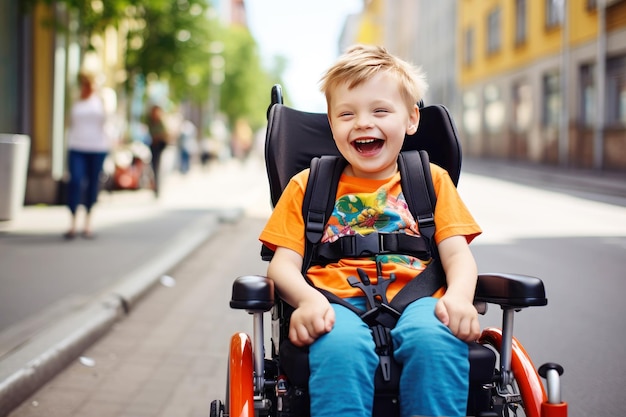 Triunfo de recuperação, criança com deficiência sorridente prospera na rua ensolarada