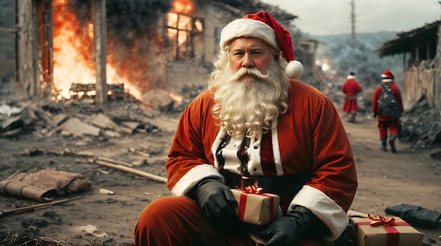 El triunfo de Papá Noel navegando por la zona de guerra con el espíritu navideño difundiendo alegría en medio de las luchas