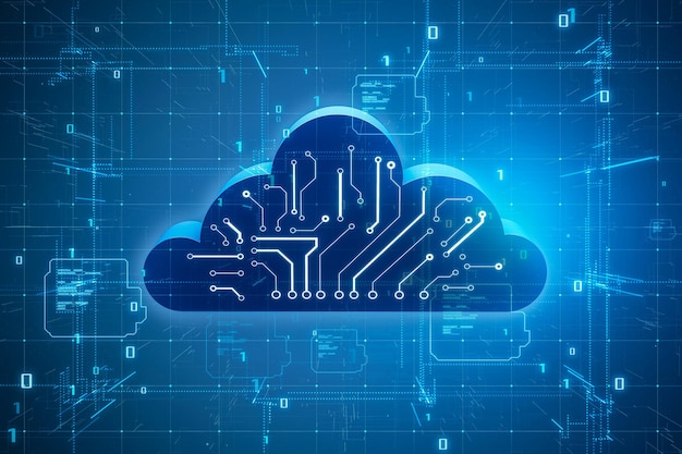 Troca de dados de informações de computação em nuvem e conceito de armazenamento com vista frontal no símbolo de nuvem digital com esquema de circuito na renderização 3D de fundo tecnológico de matriz azul escura abstrata