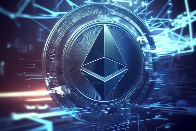 Troca de moedas de criptomoeda ETH Ethereum e conceito de tecnologia futurista blockchain Generative AI