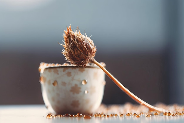 Trockene Blume auf einer Tasse Kaffee mit Wassertropfen