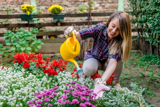 Foto trockene blumen mit einer gelben gießkanne wässern