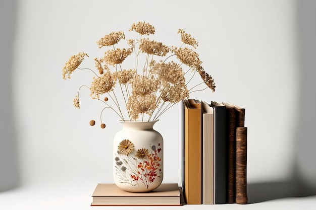 Trockene Blumen Pflanzenvase auf Bücherregal oder Schreibtisch weißer Hintergrund