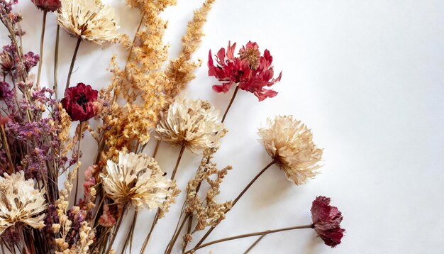 Foto trockene blumen top-view mit copy-raum auf weißem hintergrund erdtag