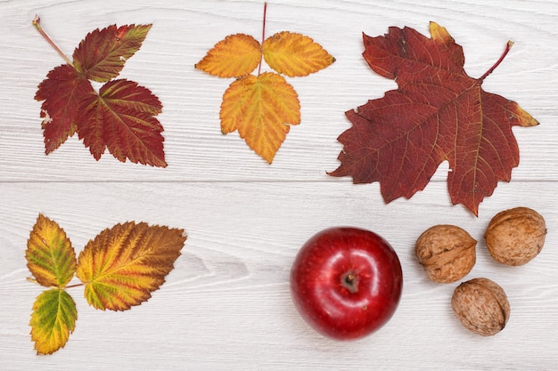 Trockene gelbe und braune Blätter, roter Apfel und Walnüsse auf Holzhintergrund. Herbstthema. Ansicht von oben.