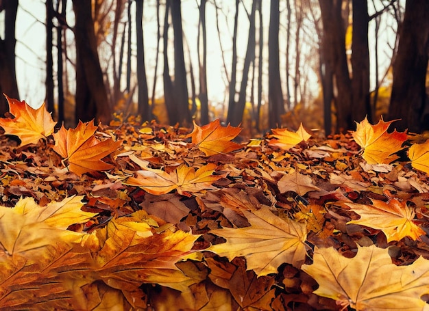 Trockene Herbstblätter fallen auf den Boden, umgeben von hohen Bäumen