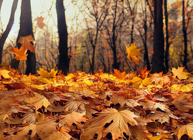 Trockene Herbstblätter fallen auf den Boden, umgeben von hohen Bäumen