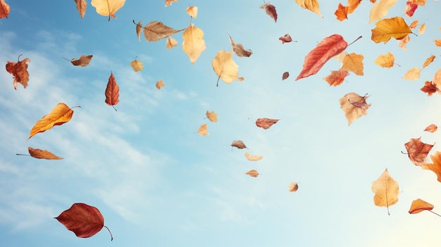Trockene Herbstblätter schweben mit Himmelshintergrund