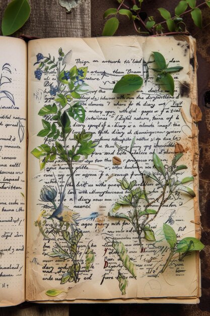 Trockene Pflanzen auf dem Buch Ein Buch mit Herbarium und Beschreibung