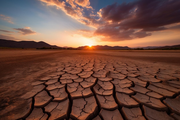 Trockene, rissige Erde in der Wüste bei Sonnenuntergang, Konzept der globalen Erwärmung
