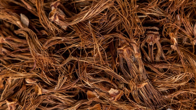 Trockene rote Baumwollbaumblumen Hintergrund und Textur, Draufsicht flach gelegte rote Baumwollbaumblumen getrocknet, Bombax ceiba Blumenkraut.