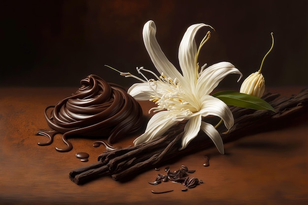 Trockene Vanilleschoten mit weißer Blume und Schokoladencreme