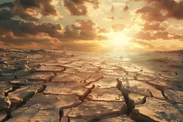 Trockene, zerrissene Erde unter einem dunklen Himmel Klimawandel Umweltverschlechterung