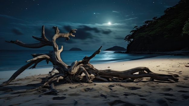 Trockener Baum am Strand bei Nacht mit Vollmond und Sternen