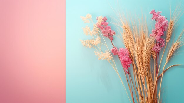 Trockenes Blumenarrangement auf blauem und rosa Hintergrund Kopierraum