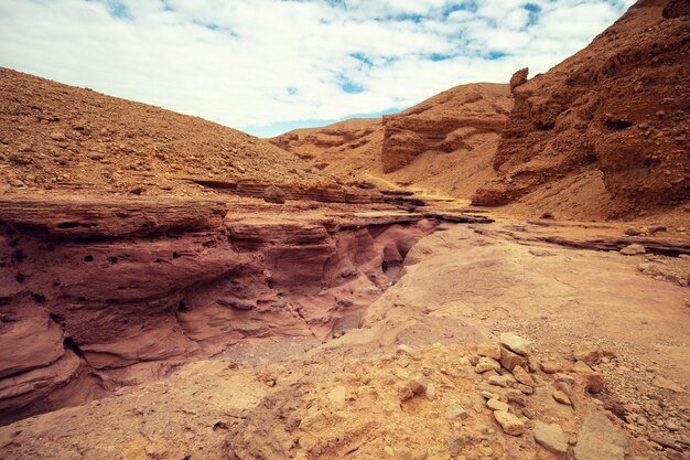 Trockenes Flussbett Wüstennaturlandschaft Steinstruktur Abstrakter natürlicher Sandsteinhintergrund Red Canyon Eilat Israel