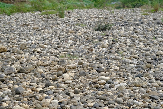 trockenes Flussufer, dessen Oberfläche mit grauem und weißem Kopfsteinpflaster gefüllt ist. tropische Landschaft.