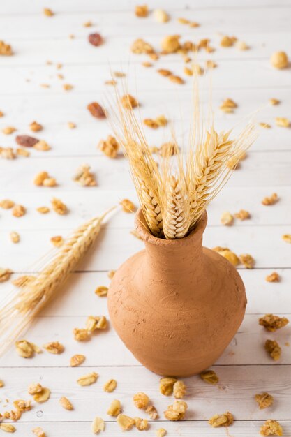 Trockenes Frühstück mit Haferflocken, Granulat und Nüssen. Müsli auf einem Leuchttisch und trockene Ohren in einer Tonvase.