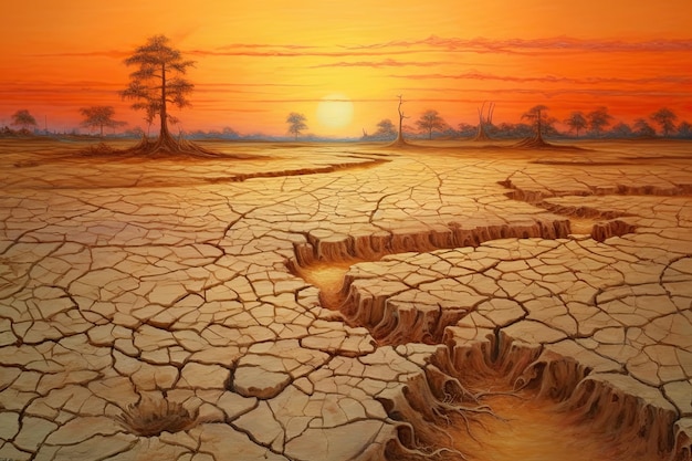 Trockenes Land bei Sonnenuntergang repräsentiert Dürre und Wassermangel, Konzept des Klimawandels, generative KI