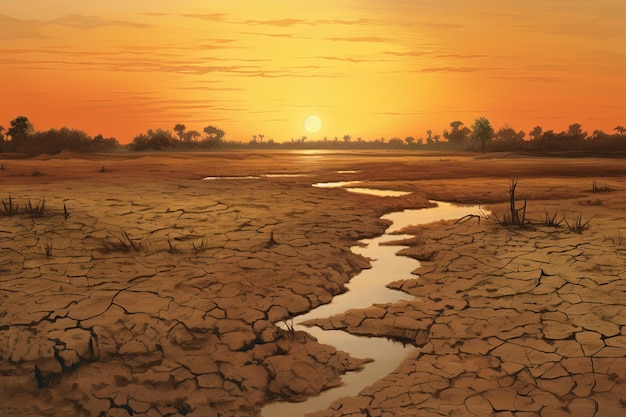 Trockenes Land bei Sonnenuntergang repräsentiert Dürre und Wassermangel, Konzept des Klimawandels, generative KI