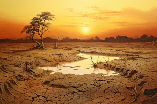 Trockenes Land bei Sonnenuntergang repräsentiert Dürre und Wassermangel, Konzept des Klimawandels, generative KI