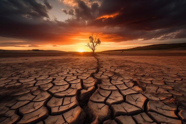 Trockenes Land mit Baum bei Sonnenuntergang Konzept der globalen Erwärmung des Klimawandels