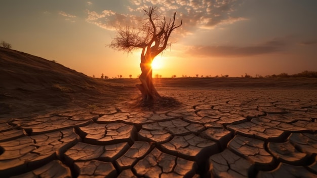 Trockenes Land mit trockenem Baum bei Sonnenuntergang Konzept der globalen Erwärmung Generative KI