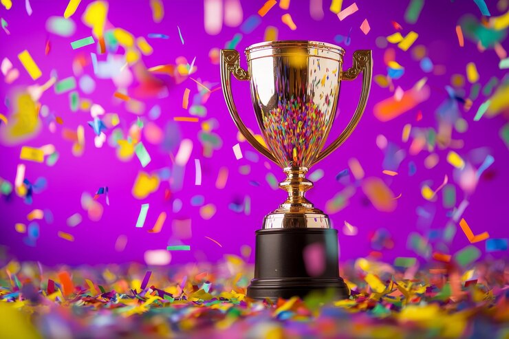 Un trofeo brillante rodeado de coloridos confeti que simboliza la celebración y el logro