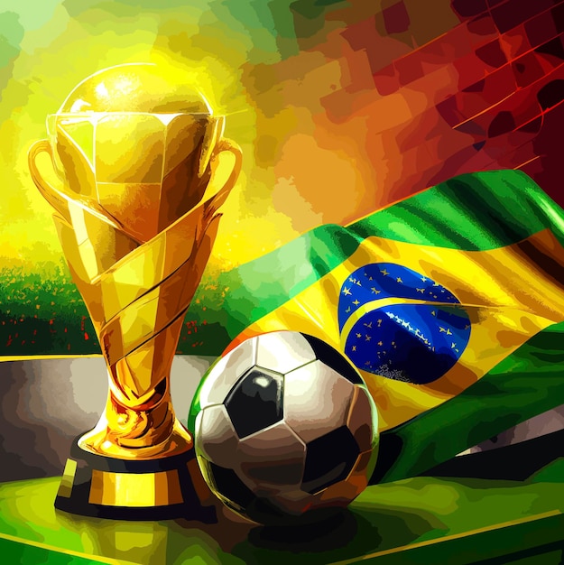 Trofeo de la Copa Mundial de Fútbol con la bandera de Brasil