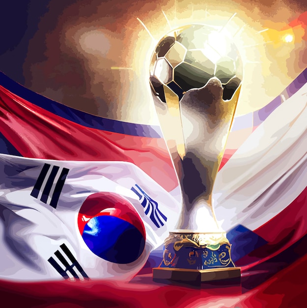 Trofeo de la Copa Mundial de Fútbol con la bandera de Corea del Sur