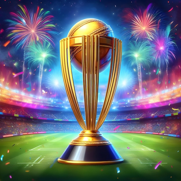 Foto el trofeo de la copa del mundo de cricket está en el estadio de cricket y los coloridos fuegos artificiales en el fondo.