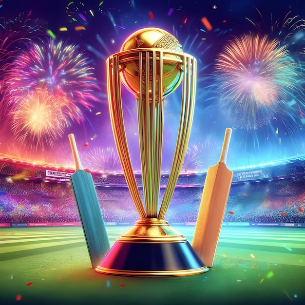 Foto el trofeo de la copa del mundo de cricket está en el estadio de cricket y los coloridos fuegos artificiales en el fondo.