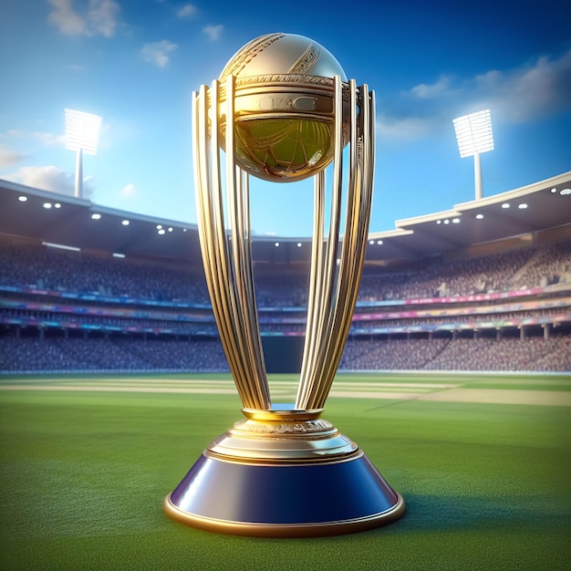El trofeo de la copa del mundo de cricket realista de Icc odi está en el fondo del estadio de cricket el tropeo de la Copa del Mundo de Icc