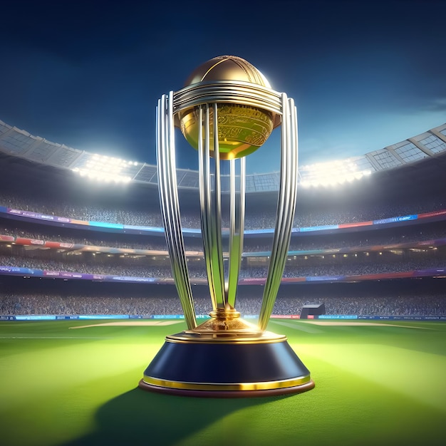 El trofeo de la copa del mundo de cricket realista de Icc odi está en el fondo del estadio de cricket el tropeo de la Copa del Mundo de Icc