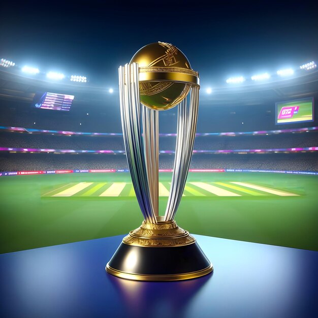 El trofeo de cricket Icc odi el tropeo de la copa del mundo está en una mesa frente a un fondo de estadio de cricket