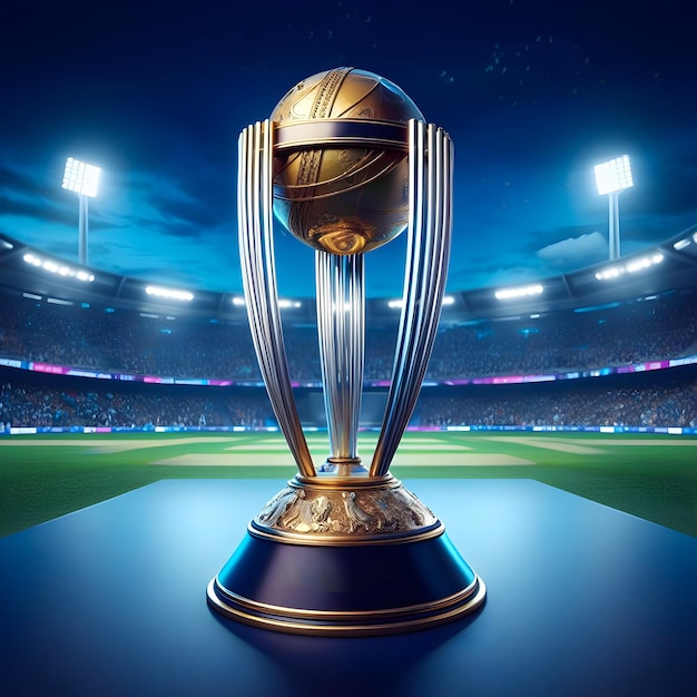 El trofeo de cricket Icc odi el tropeo de la copa del mundo está en una mesa frente a un fondo de estadio de cricket