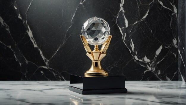 Trofeo de cristal en una base de mármol blanco y negro