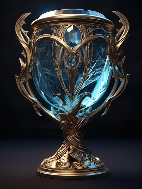 un trofeo de cristal dorado y azul