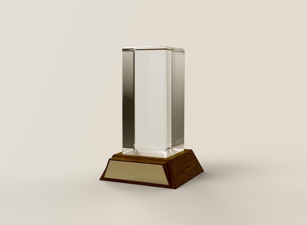 Foto trofeo de cristal rectangular sobre fondo beige. trofeo de cristal aislado. representación 3d