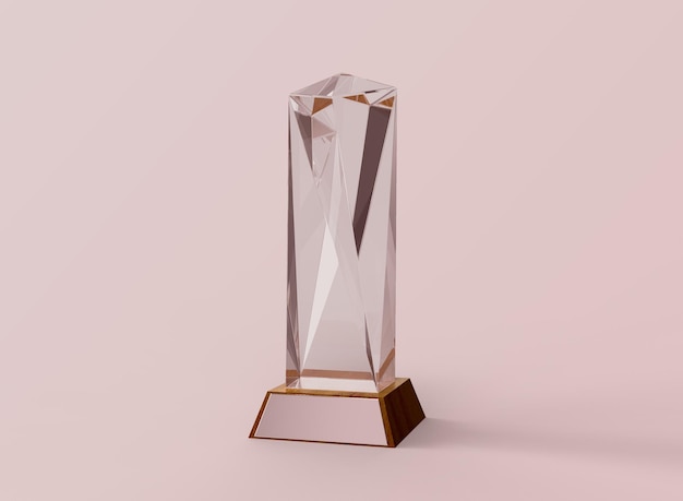 Trofeo de cristal sobre fondo rosa. Trofeo De Cristal Aislado. representación 3d