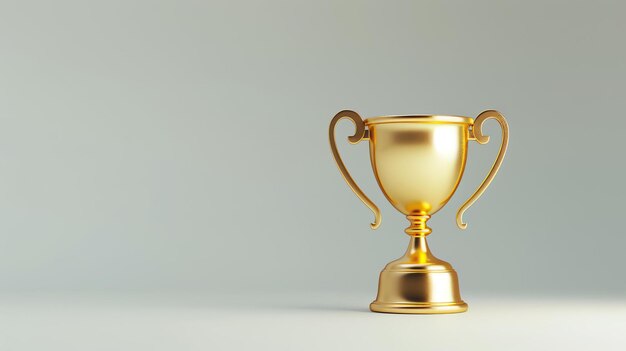 Foto un trofeo dorado brillante se sienta en una superficie gris pálido tiene dos mangos y está ligeramente inclinado hacia la derecha