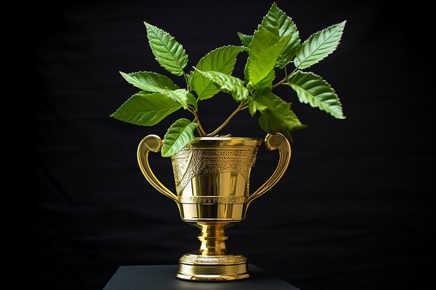 Foto trofeo dorado con grabado de hoja verde