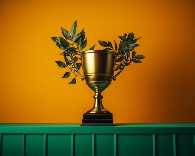 un trofeo dorado con hojas verdes encima de una pared naranja