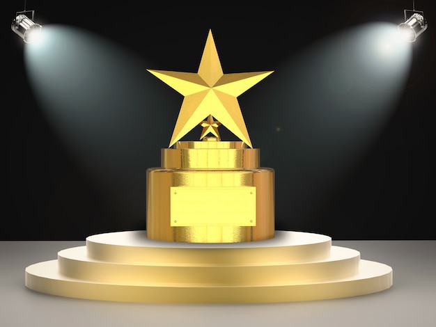 Trofeo de estrella de oro de renderizado 3D en el escenario