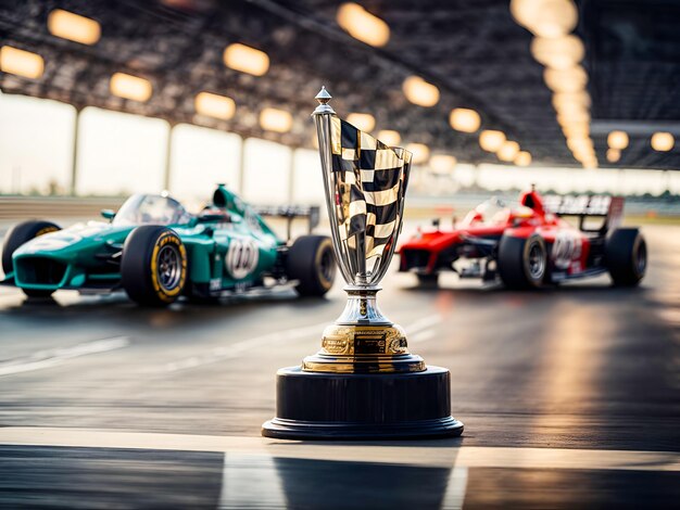 Foto un trofeo en forma de bandera que simboliza la velocidad y la competencia