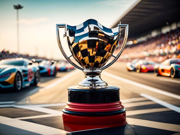 Foto un trofeo en forma de bandera que simboliza la velocidad y la competencia