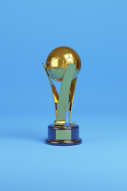 Trofeo de fútbol dorado en forma de pelota aislado sobre fondo azul ilustración 3d