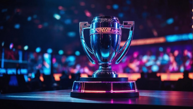 El trofeo del ganador de esports de pie en el escenario en el medio de la arena del videojuego de computadora