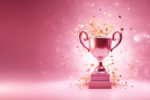 Trofeo de ganador de IA generativa con llamas copa de campeón de oro rosa con confeti que cae