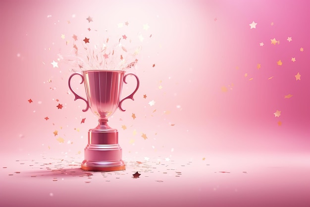 Trofeo de ganador de IA generativa con llamas copa de campeón de oro rosa con confeti que cae